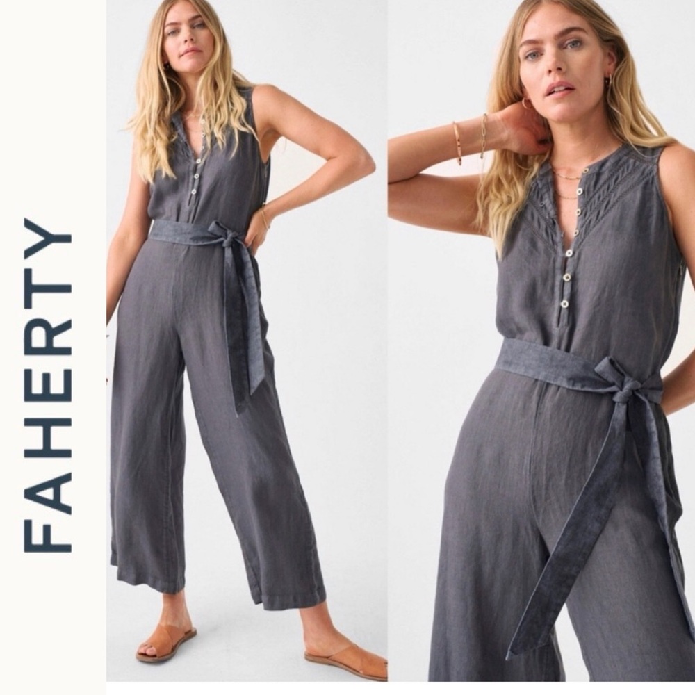 Faherty Hermosa 100% Linen Wide Leg Jumpsuit S Washed Black - Picture 2 of 7